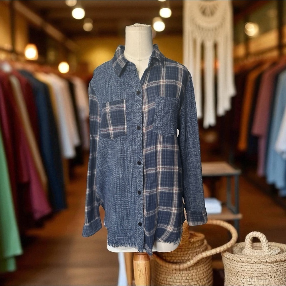ANTHROPOLOGIE Artisan De Luxe Women L Button Shirt Flannel Plaid Mix Split Multi